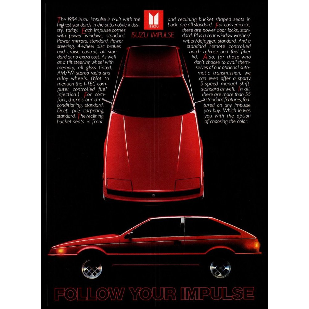 1984 Isuzu Impulse Hatchback Sportscar Vintage Print Ad 80s Japanese Wall Art
